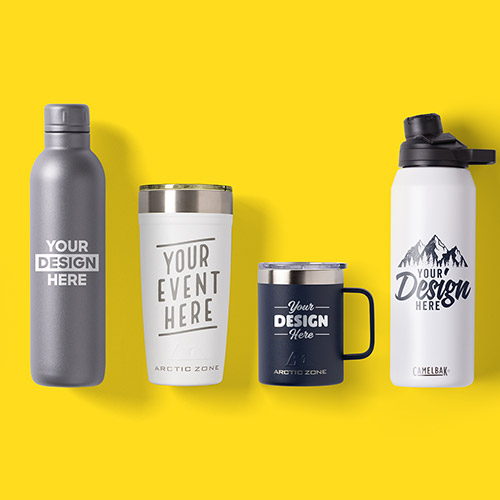 A stainless steel water bottle, two travel mugs, and a Camelbak water bottle, all customized with screen printing or laser engraving.