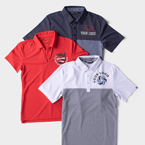 Three polo shirts with embroidered company logos.