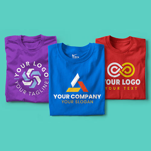 Three t-shirts are folded in a row customized with Your Company and Your Design logos.