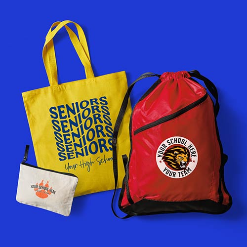 A custom tote alongside a custom drawstring bag and zippered bag.