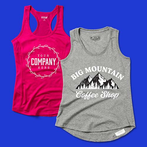 Pink and gray custom tank tops are unfolded together.