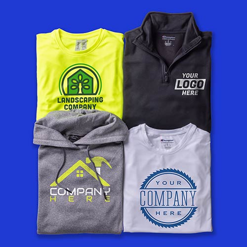 The following custom activewear items are folded up together: a safety yellow t-shirt, hoodie, zip-up, and t-shirts.