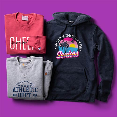 Three sweatshirts are customized with cheer, athletic team, and senior shirt designs.