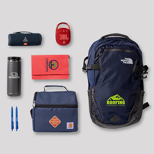 Several promotional products - like pens, lunch bags, tumblers, notebooks, and speakers, are all customized with company logos.